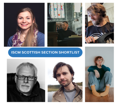 A collage of the six composers on the ISCM Scottish Section shortlist. First row from left to right: Lisa Robertson, Alex Smoke, Simon Hellewell; Second row from left right: Pete Stollery, Tom Irvine, Amble Skus